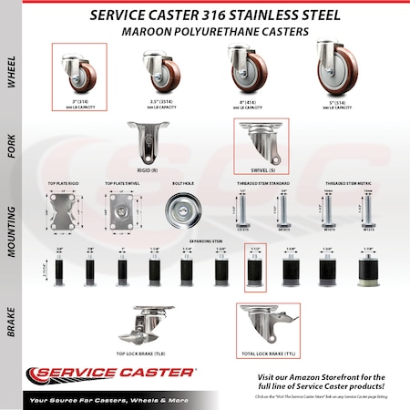 Service Caster 3 Inch 316SS Maroon Poly Swivel 1-1/2 Inch Expanding Stem Caster Lock Brake SCC SCC-SS316TTLEX20S314-PPUB-MRN-112